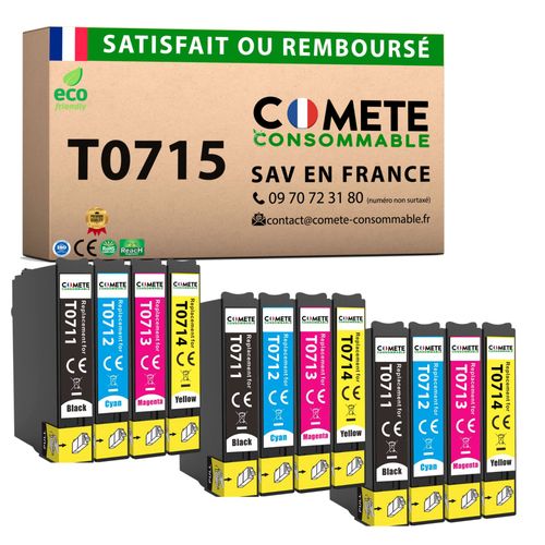 COMETE - T0715 - 12 Cartouches d'encre Compatible avec Epson T0715 Guépard (T0711 + T0712 + T0713 T0714) - pour Cartouche T0715 Stylus (3 Noirs 3 Cyan 3 Magenta 3 Jaunes) - COMETE CONSOMMABLE