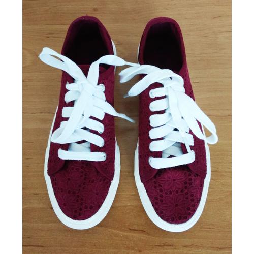 Baskets Basses Tennis Sneakers Toile Dentelle Bordeaux A Fleurs. Eram. Pointure 38