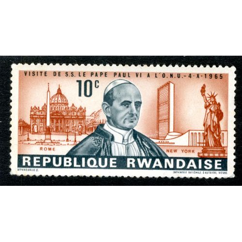 Timbre Non Oblitéré République Rwandaise, Visite De S.S. Le Pape Paul Vi À L'o.N.U - 4.X.1965, 10 C