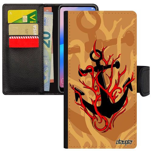 Coque 12 Pro/Iphone 12 Rabat Portefeuille Ancre Feu Vintage Metal Old School Capitaine Beige Femme 64 Go Personnalisé Mer Etui