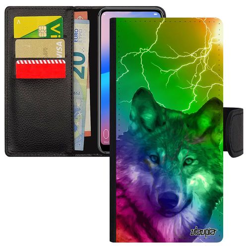 Coque Iphone 12 Pro Max En Cuir Portefeuille Loup Animal Mobile Animaux Predateur Eclair Etui Motif Louve Vert De Protection