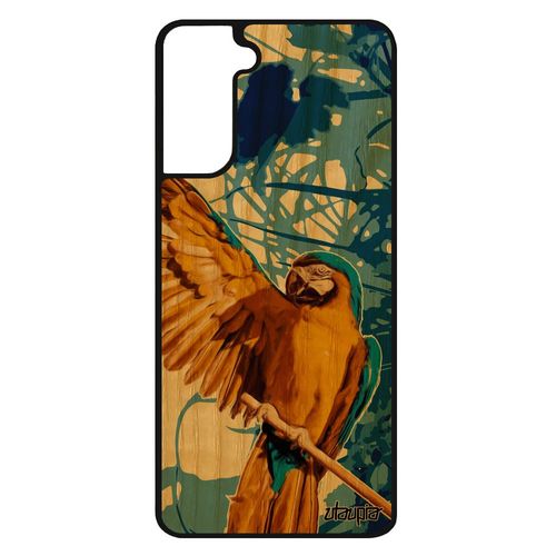Coque Silicone S21+ Plus En Bois Perroquet Tropical Case Mobile Dessin Nature Oiseau Design Bleu Feuilles Caoutchouc Samsung Galaxy