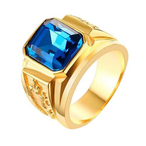 Bague pour homme en acier inoxydable couleur or avec pierre bleue