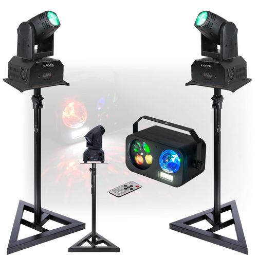Pack de 2 Lyres Ibiza Light LED RGB LMH250-RC 10W DMX Spot - 2 Pieds Supports - Jeu Lumière 3-en-1 Strobe Gobo Astro Dj Soirée Fête