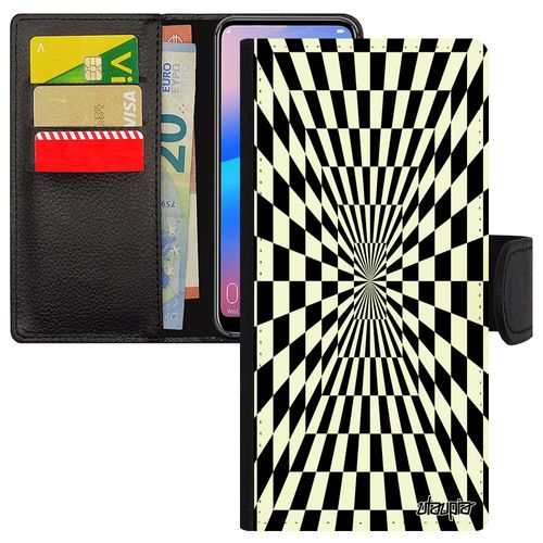 Coque Pour Xiaomi Mi Note 10 Lite À Rabat Portefeuille Illusion D'optique Art Visuel De Protection Magie Carre Bicolore Etui Noir En