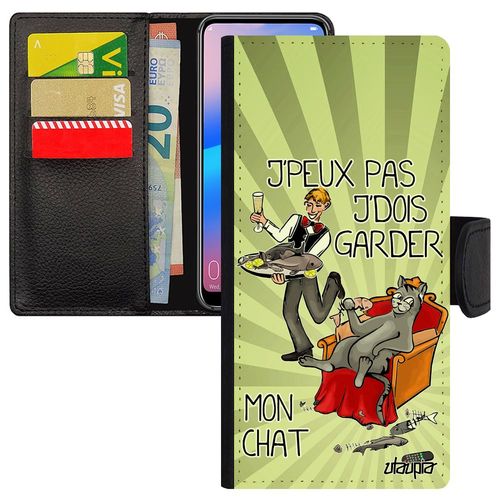 Coque Iphone 12 Pro Max Simili Cuir Portefeuille J'peux Pas J'dois Garder Mon Chat Drole Portable Bd Etui Vert Chaton Humour