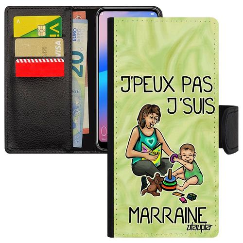 Coque Samsung Galaxy S21 Simili Cuir Rabat Portefeuille Je Peux Pas J'suis Marraine Vert Magnetique Humour Rigide Etui Housse Texte