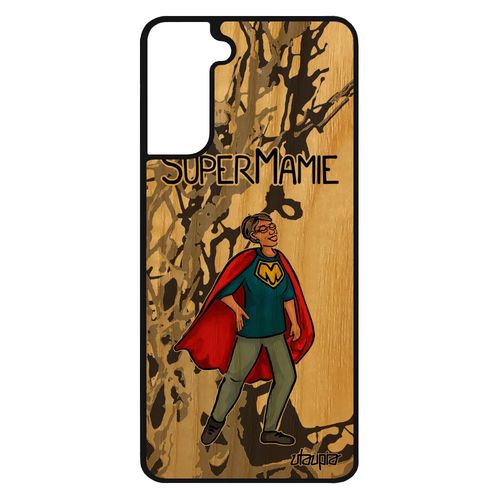 Coque Silicone Super Mamie Samsung Galaxy S21 Bois Texte Dessin Drole Bebe Portable Rigide Frêne Comics Grand Mere Gris Humour Mamy