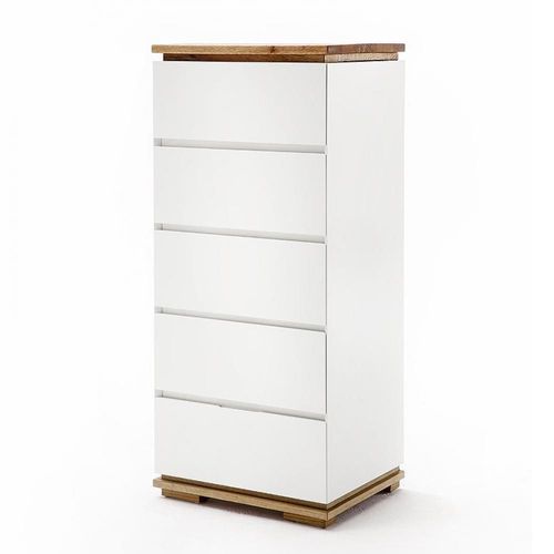 Commode Haute Charly Blanc Mat 5 Tiroirs Plateau Et Socle Chêne Massif