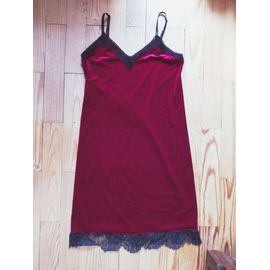 Nuisette / Chemise De Nuit En Velours Rouge Avec Dentelle Noire M (Indiqué S)