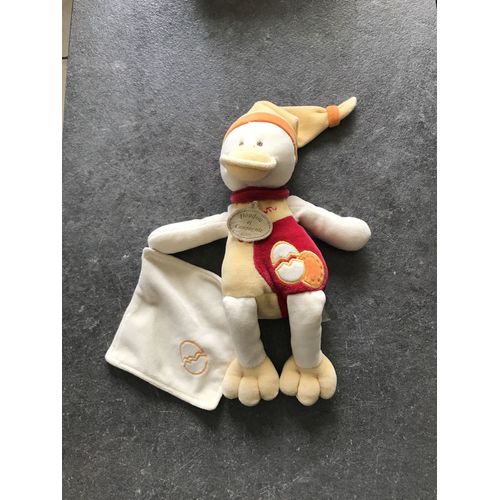 Doudou Canard Jaune Et Rouge Et Son Mouchoir