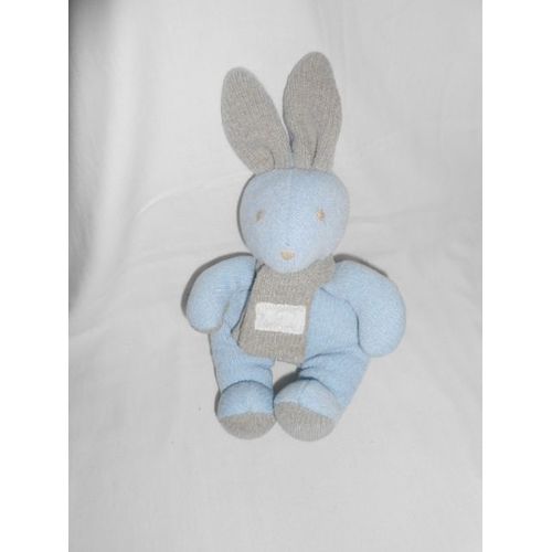 Doudou Lapin De Couleur Bleu Ciel Beige De 28 Cm Avec Les Oreilles Echarpe Grise Tricot Tartine Et Chocolat Bille Dans Le Corps
