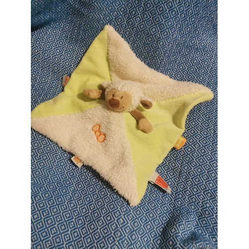 Doudou Plat Mouton Vert Orange Ecru Brodé Noeud Influx