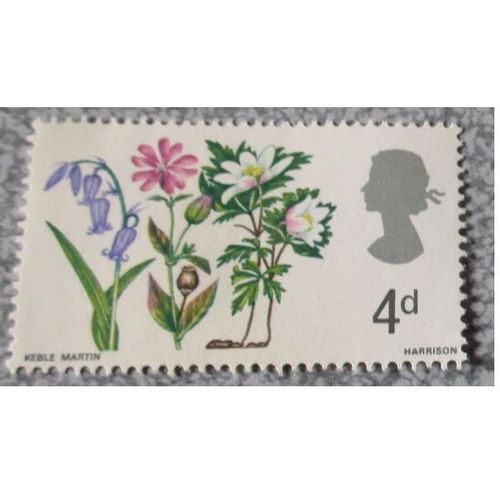 Royaume-Uni-Timbre Anglais 4d Old Penny-Wild Flowers- Bluebell, Red Campion And Wood Anemone-Fleurs Sauvages Anglaises- Date De Sortie 24/04/1967-41x24mm-Neuf