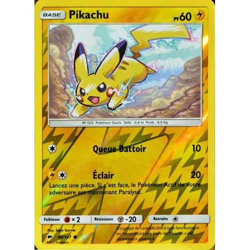 Carte Pokémon 40/147 Pikachu 60 Pv - Reverse Sl3 - Soleil Et Lune - Ombres Ardentes Neuf Fr