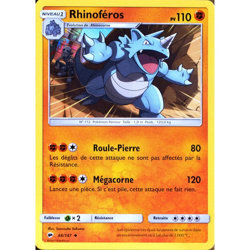 Carte Pokémon 66/147 Rhinoféros 110 Pv Sl3 - Soleil Et Lune - Ombres Ardentes Neuf Fr