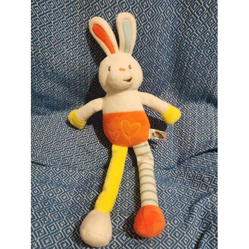 Doudou Lapin Grelot Blanc Jaune Orange Rayé Bleu Coeur Baby Auchan