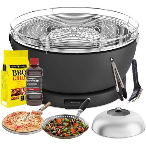 Feuerdesign - Barbecue Vesuvio Grill Anthracite - Kit Avec Combustible Allumage + Charbon 3 Kg + Pince + Pierre Pizza + Dôme Inox + Poêle À Légumes + Brosse De Nettoyage