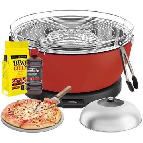 Feuerdesign - Vesuvio Grill Rouge - Kit Avec Combustible D Allumage + Charbon De Bois 3 Kg + Grippers Pour Barbecue + Pierre Pour Pizza + Dôme En Acier Inox