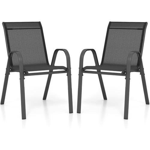 Costway Lot De 2 Chaises De Jardin, Tissu Respirant, Chaises À Manger Empilables Avec Accoudoirs, Pour Patio Terrasse Porche, Noir