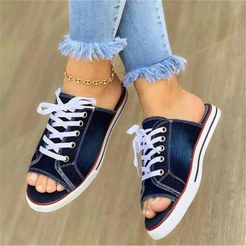 Sandales En Toile Pour Femmes, Respirantes, Pantoufles D'été À Lacets, Bout Ouvert, Chaussures Plates En Faux Denim, 2021