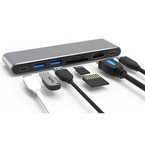 Adaptateur USB-C 7en1 Thunder 3(2xHub USB3-1xHDMI 4 K -1x Lecteur SD -1xLecteur TF-1xTypeUSB-C Transfert-1xTypeC Charge