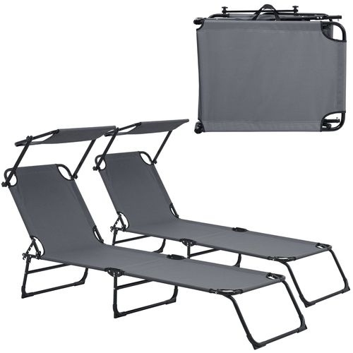 Lot De Deux Transats Pliable Avec Toiture Pare-Soleil De Relax Acier 190 Cm Gris Foncé Helloshop26 03_0004512
