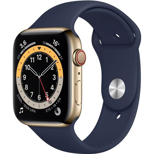 Apple Watch Series 6 (Gps + Cellular) - Boîtier 44 Mm Acier Inoxydable Doré Avec Bracelet Sport Marine Profond De Taille S/M/L