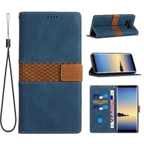 Portefeuille Étui Pour Samsung Galaxy Note8 Fente Pour Carte Fermeture Magnétique Béquille Sangle De Poignet Résistant Aux Rayures - Bleu