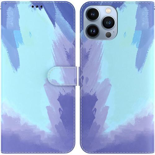Étui Pour Apple Iphone 14 Pro Max 6,7 Pouces Pu Magnétique Pochette Cuir Housse Aquarelle Impression Rabattable Case Stent Fonction Cover Bleu