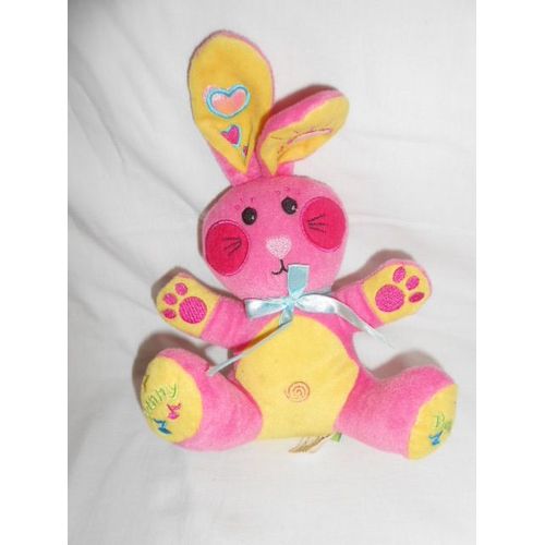 Doudou Peluche Lapin Fizzy Rose Jaune Rouge Fushia Coeur Soleil Nruban Noeud Bleu Pouet Funny Bunny Note De Musique Brode Bruit Dans Les Oreilles