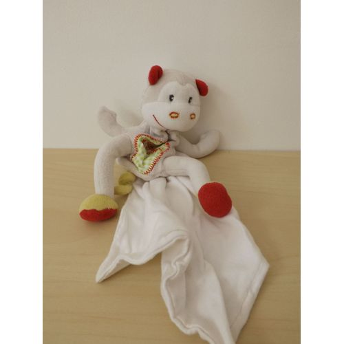Doudou Singe Blanc Rouge Carré Cajou Sucre D'orge