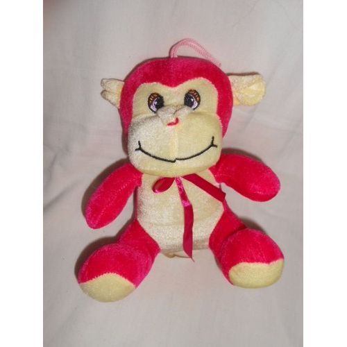 Forest Distribution Singe Peluche Doudou Rouge Rose Fushia Jaune Ruban Noeud A Suspendre 20cm Assis