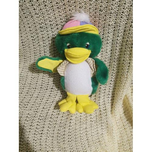 Peluche Canard Vert Jaune Gilet Rayé Casquette Rose Violet Sandy Vintage