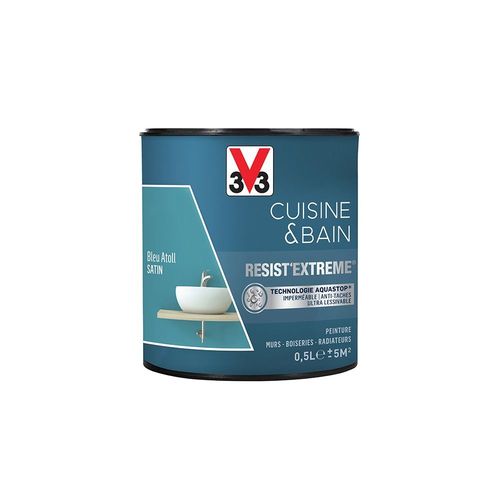 V33 Peinture Cuisine & Bain 'Resist'Extreme' Bleu Atoll Satin 0,5 L