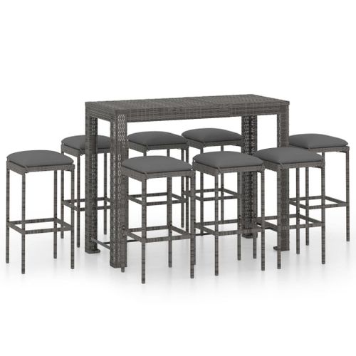 Vidaxl Ensemble De Bar De Jardin 9 Pcs Et Coussins Résine Tressée Gris