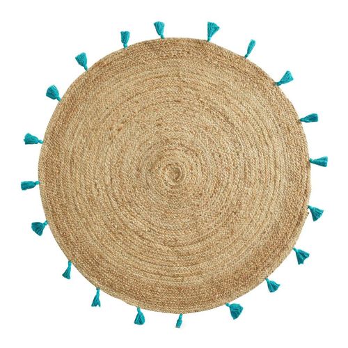 Tapis Rond 120 Cm Jute Pompons Shira Turquoise