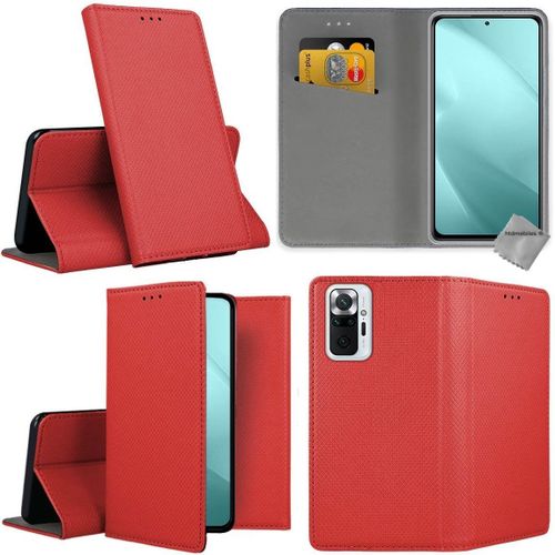 Housse Etui Coque Pochette Portefeuille Pour Xiaomi Redmi Note 10 Pro + Verre Trempe - Rouge Magnet