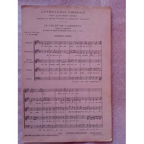 Partition Clément Janequin Anthologie Chorale Le Chant De L'alouette