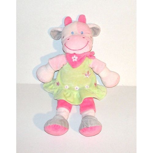 Doudou Vache Nicotoy Robe Verte A Fleurs Grand Model 35 Cm Peluche Animal Bandana Rose