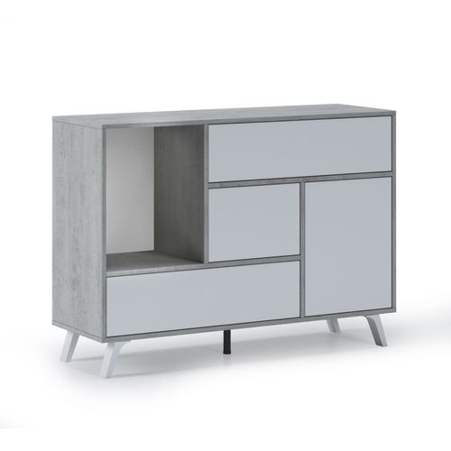 Buffet Pour Salon/Salle À Manger, Wind 1 Porte, 3 Tiroirs, Structure Couleur Ciment, Porte Et Tiroirs Couleur Blanc Mat. Mesures: 120x40x86cm.
