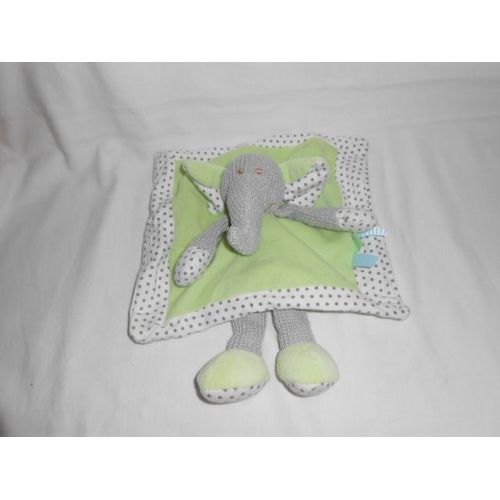 Doudou Plat Carre Laine Tricot Grelot Elephant Vert Gris Pois Blanc Patte Tricot Étiquette Bleu Sans Marque