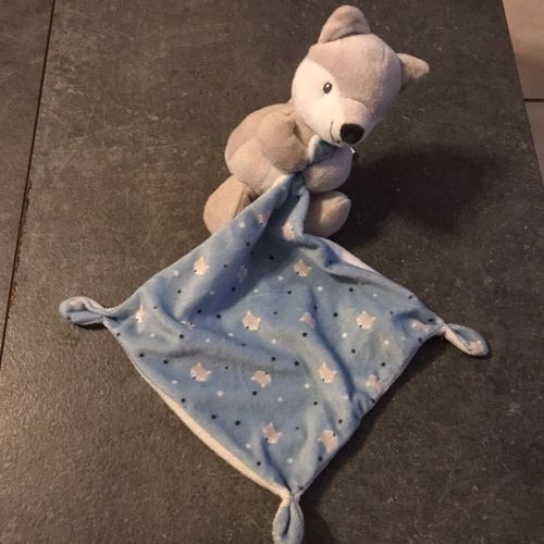 Doudou Renard Gris Et Blanc Benelux Mouchoir Bleu