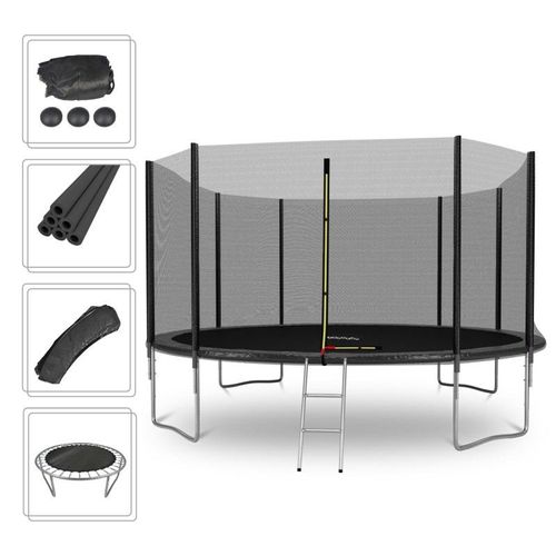 Trampoline De Jardin Deluxe 14ft Ø427cm Noir - Avec Filet De Sécurité, Tapis De Saut, Coussin De Protection, Echelle