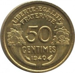 France = Pièce De Monnaie De 50 Centimes De Francs Morlon, En Bronze Aluminium, Année 1940, Peu Courante
