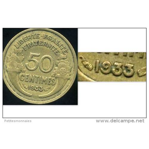 France = Pièce De Monnaie De 50 Centimes De Franc , Type Morlon En Bronze - Aluminium, Année 1933, Variété " 9 " Fermé - Belle Rareté - ,