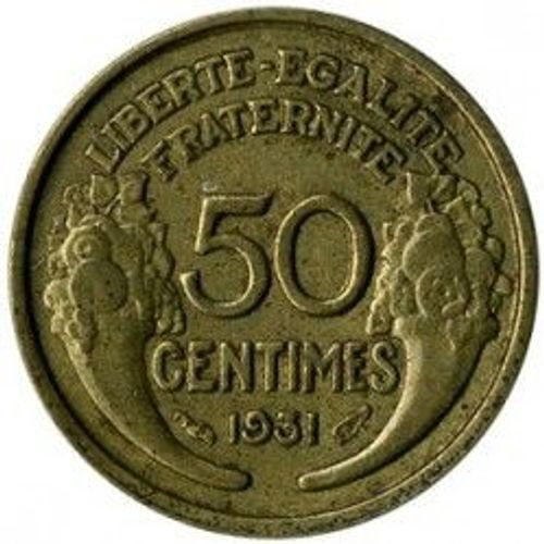 France = Pièce De Monnaie De 50 Centimes De Francs, Type Morlon, En Bronze - Aluminium, Année 1931, Variété Sans Fleur, Sans Fruit Mais Avec Raisin.