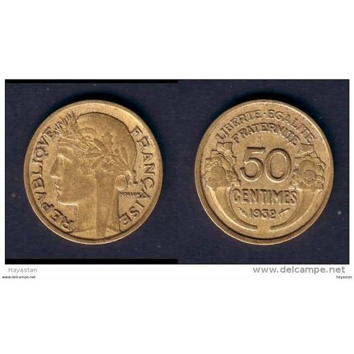France = Pièce De Monnaie De 50 Centimes De Franc, Type Morlon, En Bronze - Aluminium, Année 1932, Variété " 9 " Et " 2 " Fermé ( Peu Courant )