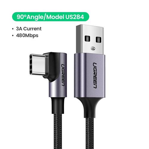 Ugreen Câble USB Type C Quick Charge 3.0 pour recharge rapide et données,  cordon de chargeur USB C coudé (90°) pour téléphone Samsung S9/S10/Plus -  Grey - 21SJX0427A03270