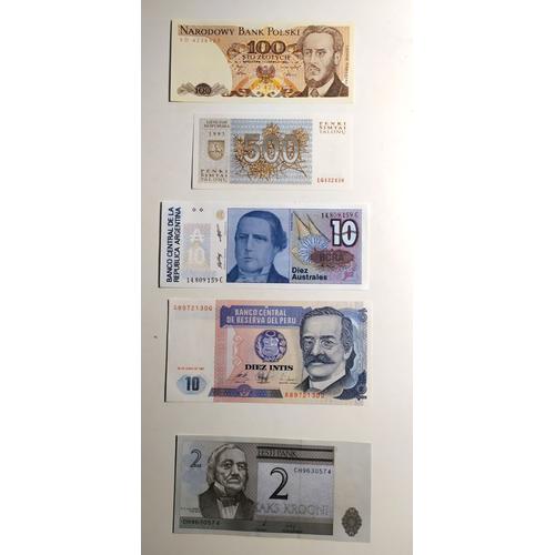 Lot De 5 Billets Neufs : Diez Australes 10 - Eesti Pank 2 - Bank Polski 100 - Diez Intis 10 - Penki Simtai 500